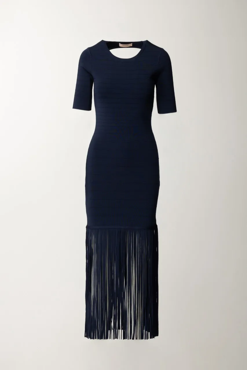 Abito in maglia con frange e scollo sul retro MID BLU