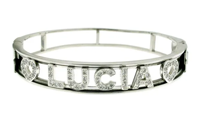 Bracciale a Manetta rigida personalizzabile con nome in acciaio bianco o giallo e Swarovski