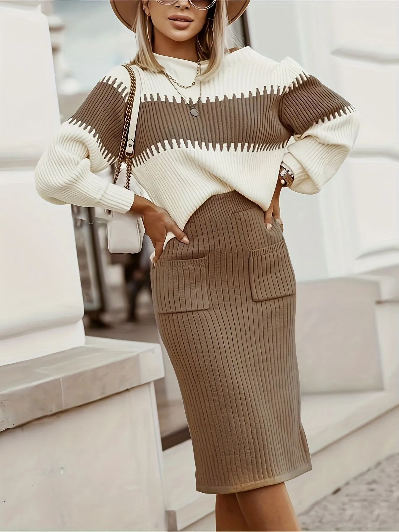 Set Di Due Pezzi Casual A Costine, Maglione Lavorato A Maglia A Blocchi Di Colore E Completi Di Gonne In Maglione Longuette Tint
